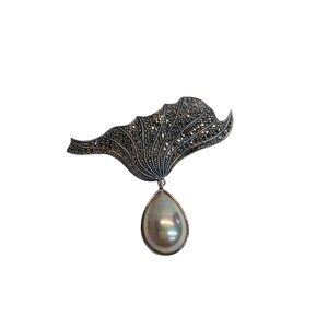 80's Judith Jack Art Deco sterling marcasite faux pearl brooch, silver pyrite